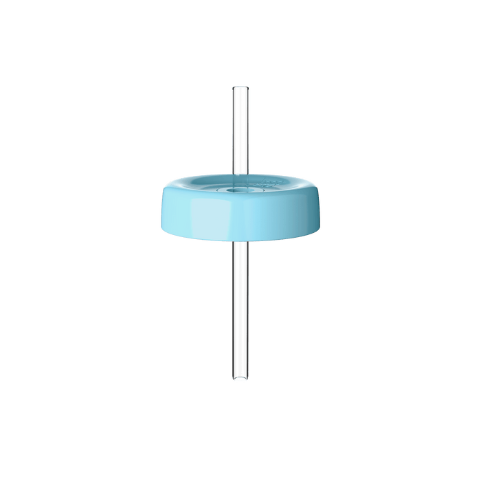 KeepCup Commuter Coffee Straw Lid in light blue, shown from a front view with a clear reusable straw inserted through the centre of the lid against a white background.