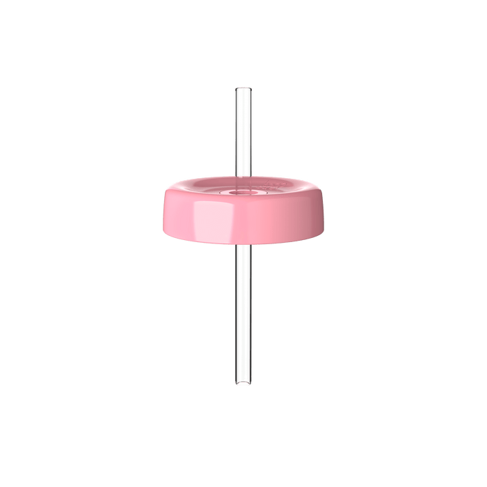 KeepCup Commuter Coffee Straw Lid in Peony, shown from a front view with the pink circular lid and clear reusable straw assembled, displayed against a white background.