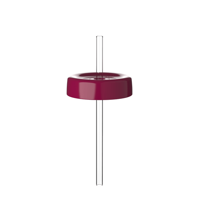 KeepCup Commuter Coffee Straw Lid in deep burgundy, shown from a straight-on angle with a clear reusable straw inserted through the centre hole, displaying the lid's glossy finish and circular design.