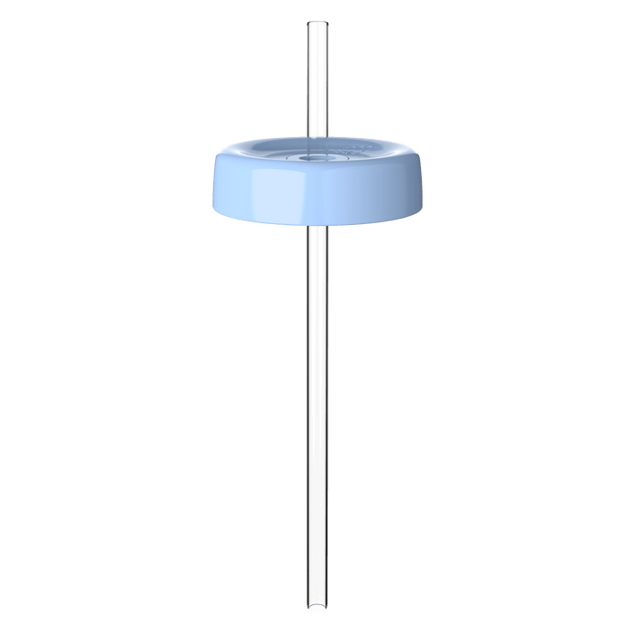 KeepCup Commuter Coffee Straw Lid in Orchid, shown from a front angle with a clear reusable straw inserted through the light blue circular lid against a white background.
