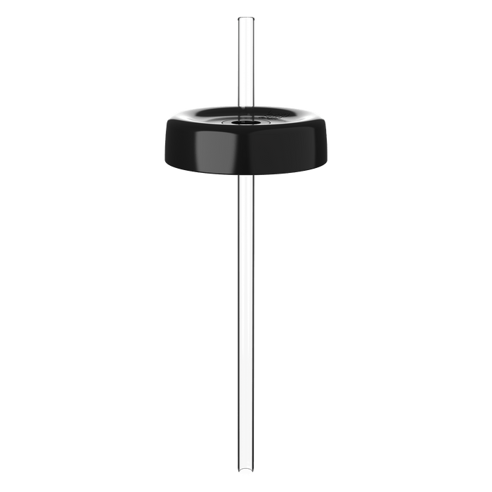KeepCup Commuter Coffee Straw Lid in black, shown from above at an angle with a clear reusable straw inserted through the centre hole, displayed against a white background.