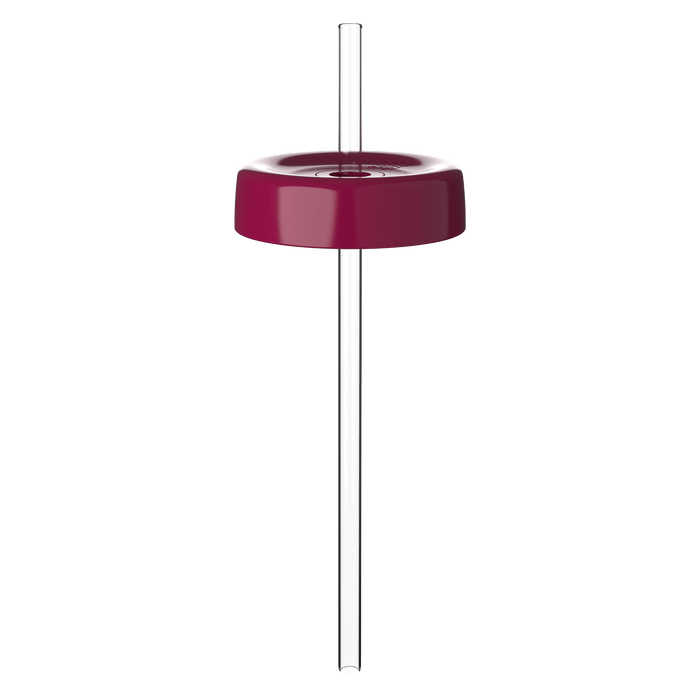 KeepCup Commuter Coffee Straw Lid in deep burgundy, shown from a side angle with a clear reusable straw inserted through the centre hole, displaying the lid's smooth rounded design and glossy finish.
