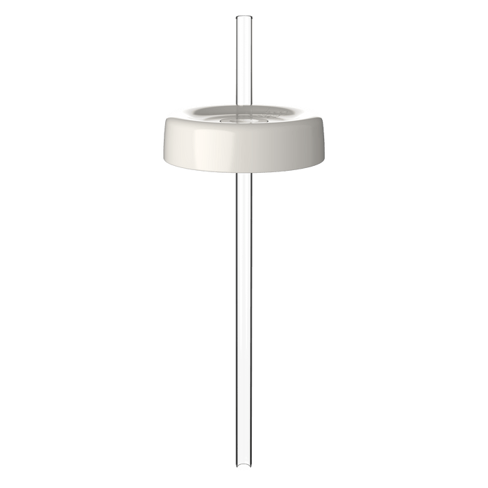 KeepCup Commuter Coffee Straw Lid in white, shown from above at a slight angle with a clear reusable plastic straw inserted through the centre opening.
