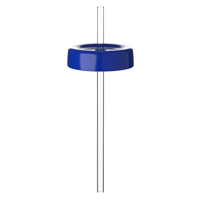 KeepCup Commuter Coffee Straw Lid in blue, shown from a side angle with a clear reusable straw inserted through the centre hole, displayed against a white background.