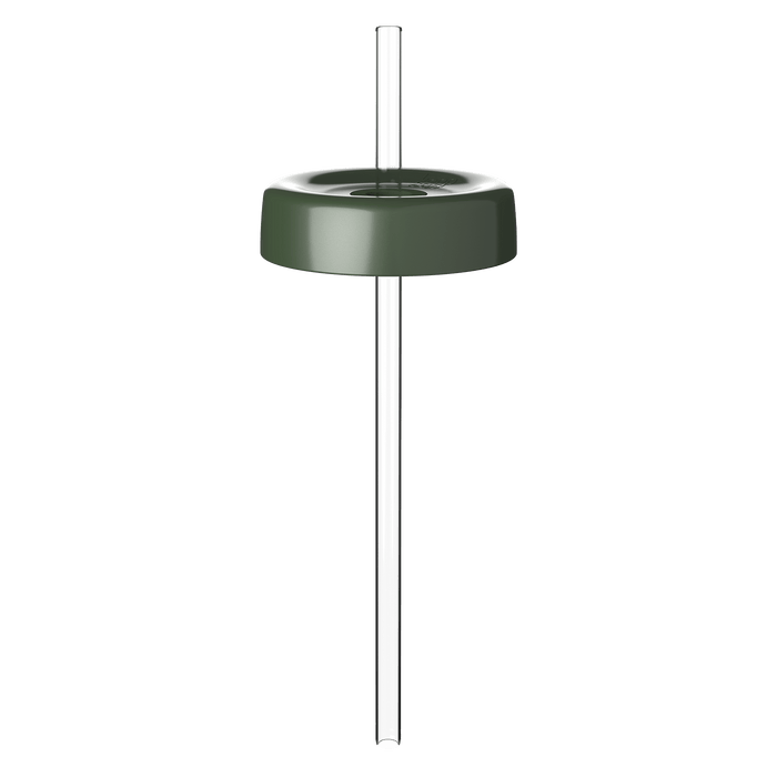 KeepCup Commuter Coffee Straw Lid in Pine green, shown from a front angle with a clear plastic straw inserted through the centre hole, displayed against a plain white background.