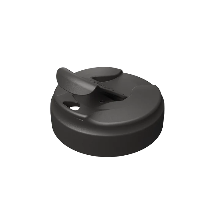KeepCup Commuter Flip Lid in black, shown from an angled top view with the flip-top closure in the open position, displaying the drinking spout and air vent holes.