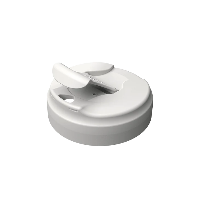 KeepCup Commuter Flip Lid in Bone colour, shown at an angle on a plain background, featuring the flip-top closure mechanism in the open position with visible drinking spout and small ventilation hole.