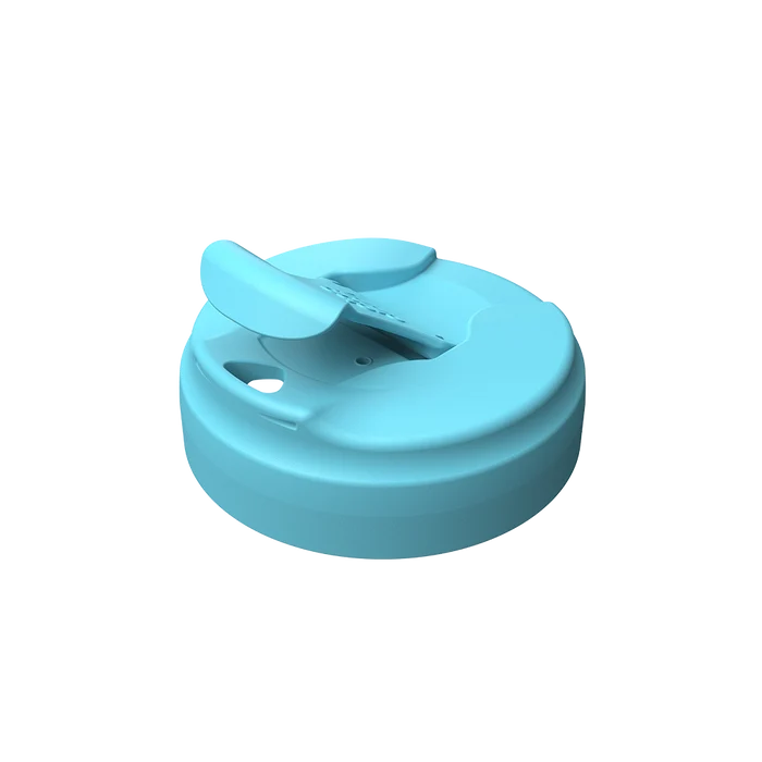 KeepCup Commuter Flip Lid in Cloud colour, shown at an angle with the flip-top spout open, displaying the drinking hole and small air vent on the light blue plastic lid.