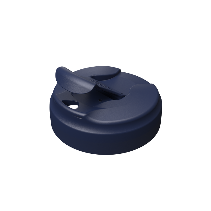 Navy blue KeepCup Commuter Flip Lid shown at a three-quarter angle against a white background, displaying the flip-top closure mechanism and drinking spout opening.