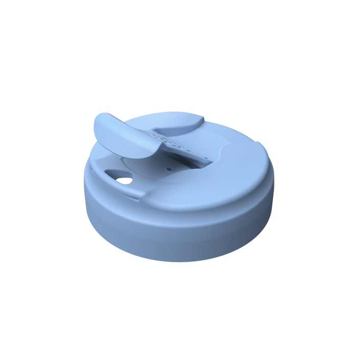 KeepCup Commuter Flip Lid in Orchid colour, shown from an angled top view with the flip tab in the closed position, displaying the drinking spout and air vent openings.