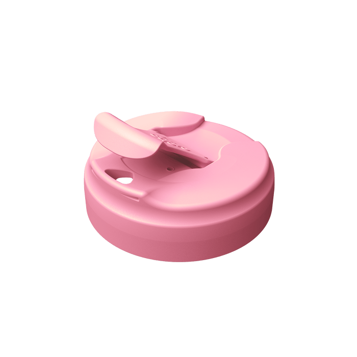 KeepCup Commuter Flip Lid in Peony, shown from an angled top view with the flip tab open, revealing the drinking spout on this soft pink circular lid.