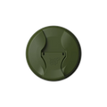 Top-down view of the KeepCup Commuter Flip Lid in Pine, showing the olive green circular lid with curved drinking opening and embossed KeepCup logo on the flip closure.