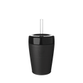 KeepCup Commuter Cold Cup M 12oz in Black, shown against a white background with a clear straw inserted through the glossy black lid, featuring the embossed KeepCup logo on the matte black cup body.