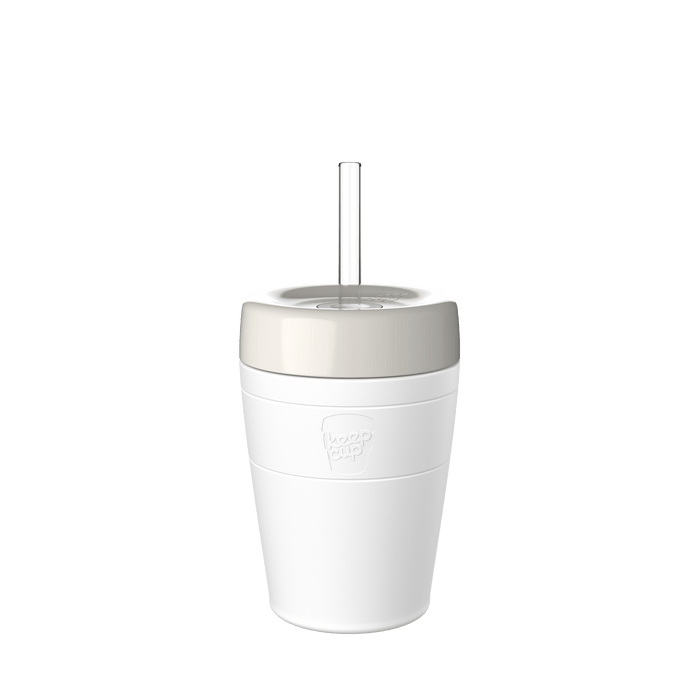 KeepCup Commuter Cold Cup M 12oz in Bone, featuring a white reusable cup with a light grey band, matching lid, and clear straw, shown against a plain white background.