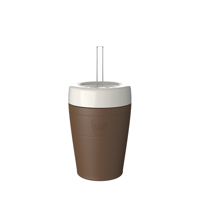 KeepCup Commuter Cold Cup M 12oz in Chocolate, featuring a brown insulated cup body with white lid and clear straw, shown against a plain white background.
