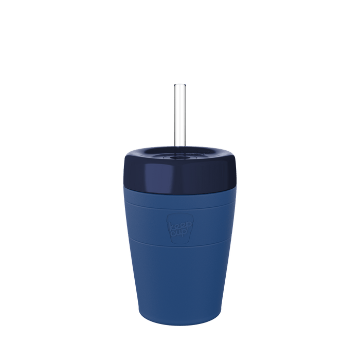 KeepCup Commuter Cold Cup M 12oz in Cobalt Ink, featuring a deep blue cup body with darker navy lid and clear straw, shown from a front-facing product shot against a white background.