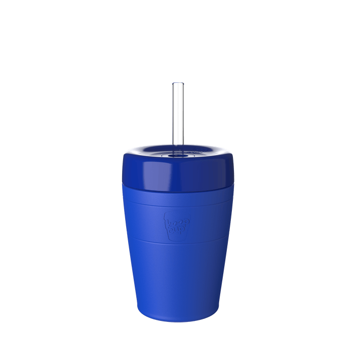 KeepCup Commuter Cold Cup M 12oz in Electric, a vibrant blue reusable cup with matching lid and clear straw, shown against a plain white background.