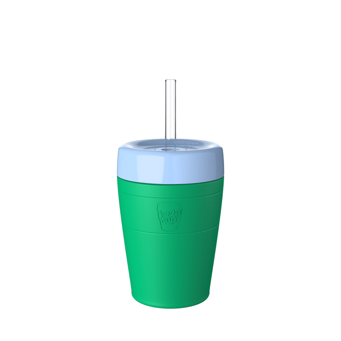KeepCup Commuter Cold Cup M 12oz in Emerald, featuring a green silicone body, light blue band, translucent lid with straw hole, and clear reusable straw, shown against a white background.