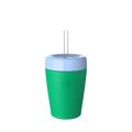 KeepCup Commuter Cold Cup M 12oz in Emerald, featuring a green silicone body, light blue band, translucent lid with straw hole, and clear reusable straw, shown against a white background.