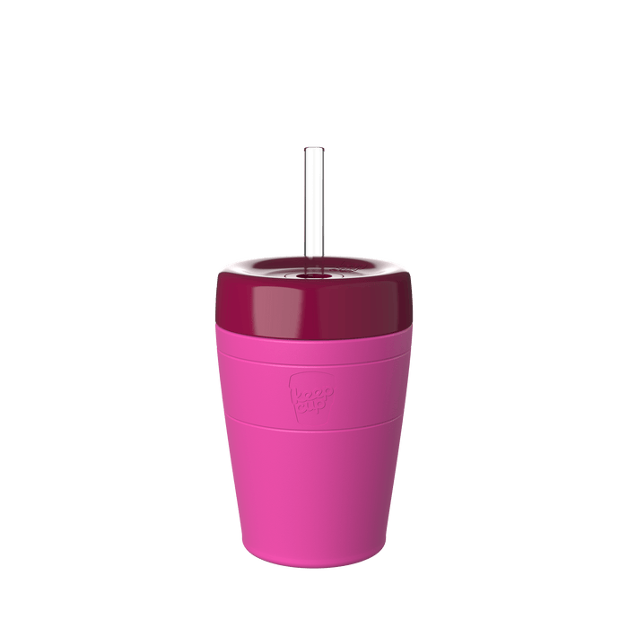 KeepCup Commuter Cold Cup M 12oz in Fuchsia Burgundy, featuring a pink silicone band, burgundy lid with clear straw, shown from a front angle against a white background.