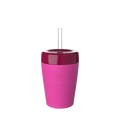 KeepCup Commuter Cold Cup M 12oz in Fuchsia Burgundy, featuring a pink silicone band, burgundy lid with clear straw, shown from a front angle against a white background.