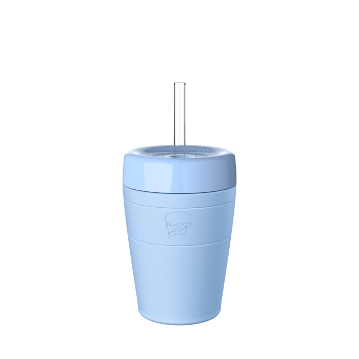 KeepCup Commuter Cold Cup M 12oz in Orchid, a light blue reusable cup with matching lid and clear straw, shown from a front angle against a white background.