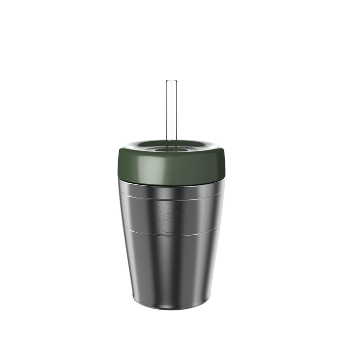 KeepCup Commuter Cold Cup M 12oz in Pine, featuring a brushed stainless steel body with olive green lid and clear straw, shown against a white background.