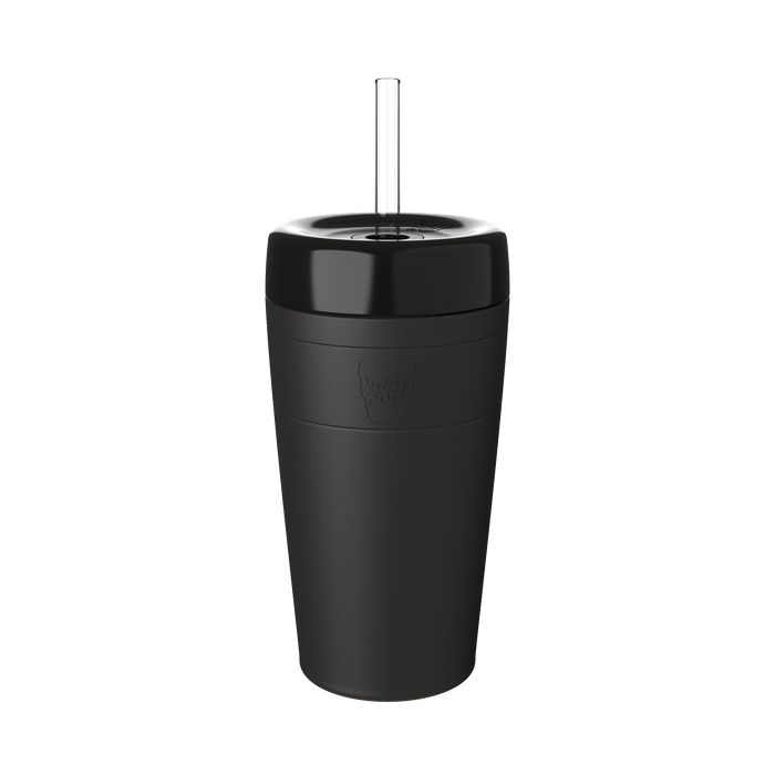 KeepCup Commuter Cold Cup L 16oz in Black, shown in a studio product shot featuring the tall matte black tumbler with glossy black lid and clear straw, displaying the embossed KeepCup logo on the cup body.