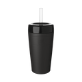 KeepCup Commuter Cold Cup L 16oz in Black, shown in a studio product shot featuring the tall matte black tumbler with glossy black lid and clear straw, displaying the embossed KeepCup logo on the cup body.