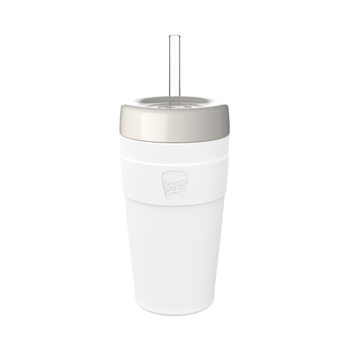 KeepCup Commuter Cold Cup L 16oz in Bone, shown in a front-facing product shot featuring the white reusable cup with light grey lid and clear straw against a plain white background.