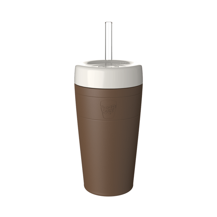 KeepCup Commuter Cold Cup L 16oz in Chocolate, featuring a brown reusable cup body with white lid and clear straw, shown at a slight angle against a plain white background.