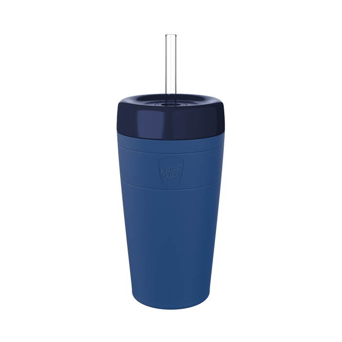 KeepCup Commuter Cold Cup L 16oz in Cobalt Ink, shown at a front angle against a white background, featuring a navy blue body with embossed logo, darker navy lid, and clear reusable straw.