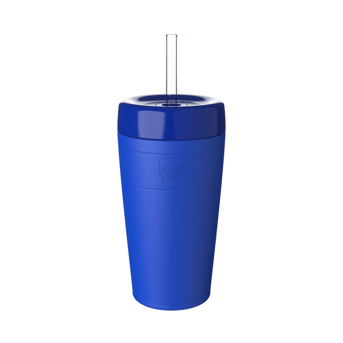 KeepCup Commuter Cold Cup L 16oz in Electric, a vibrant blue reusable cup with a glossy lid and clear straw, shown at a front-facing angle against a white background.