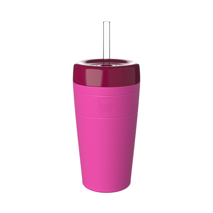 KeepCup Commuter Cold Cup L 16oz in Fuchsia Burgundy, featuring a bright pink body with a deep burgundy lid and clear reusable straw, shown against a plain white background.