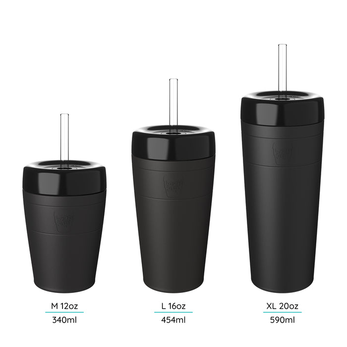 Three Commuter Cold Cups of different sizes M 12, L 16oz, XL 20 with straws on a white background