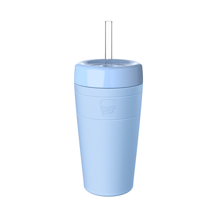 KeepCup Commuter Cold Cup L 16oz in Orchid, a light blue reusable cup with matching lid and clear straw, shown against a white background.