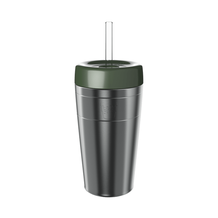 KeepCup Commuter Cold Cup in Pine, 16oz size, featuring a brushed stainless steel body with olive green lid and clear reusable straw, shown in a straight-on product shot against a white background.
