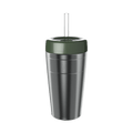 KeepCup Commuter Cold Cup in Pine, 16oz size, featuring a brushed stainless steel body with olive green lid and clear reusable straw, shown in a straight-on product shot against a white background.