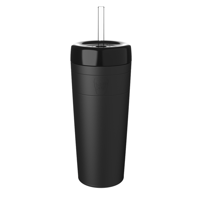 KeepCup Commuter Cold Cup XL 20oz in Black, shown in a studio product shot against a white background, featuring the tall insulated tumbler with matte black body, glossy black lid, and clear reusable straw.