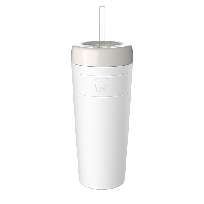 KeepCup Commuter Cold Cup XL 20oz in Bone, featuring a tall white reusable cup with matching lid and clear straw, shown at a slight angle against a plain white background.