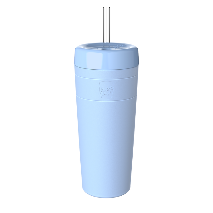 KeepCup Commuter Cold Cup XL 20oz in Orchid, a light blue reusable tumbler with matching lid and clear straw, shown at a slight angle against a white background.