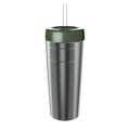KeepCup Commuter Cold Cup XL 20oz in Pine, featuring a brushed stainless steel body with olive green lid and clear straw, shown from a front angle against a white background.