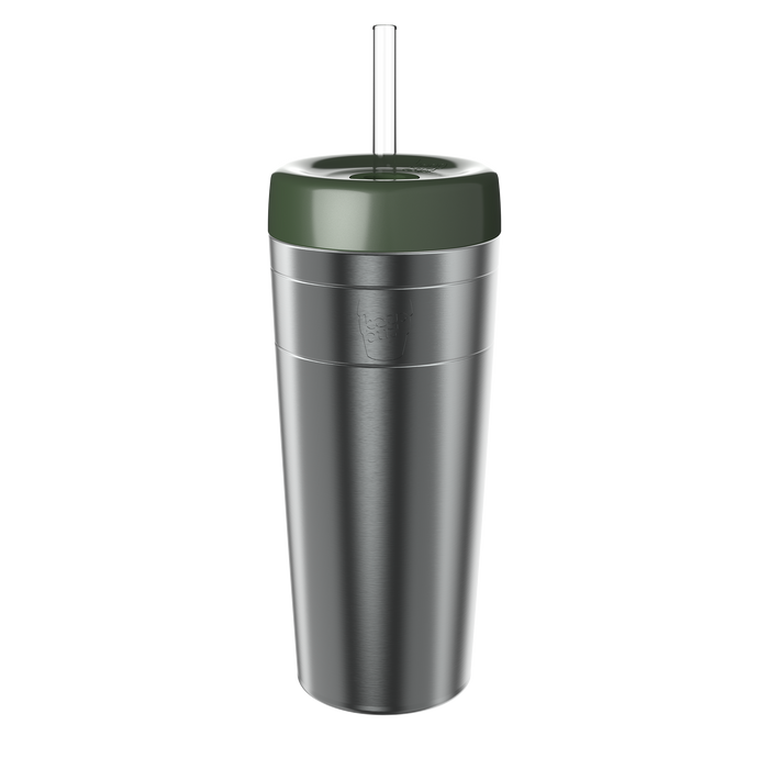 KeepCup Commuter Cold Cup XL 20oz in Pine, featuring a brushed stainless steel body with olive green lid and clear straw, shown from a front angle against a white background.