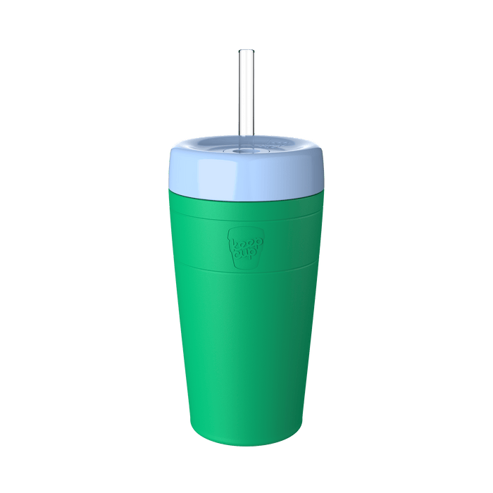KeepCup Commuter Cold Cup L 16oz in Emerald, featuring a vibrant green insulated body with pale blue lid and clear reusable straw, shown at a slight angle against a white background.