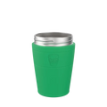 KeepCup Helix Stainless Steel Base in Emerald, M 12oz size, shown from a front angle against a white background, featuring a vibrant green band with embossed KeepCup logo and silver stainless steel rim.