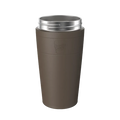 KeepCup Helix Stainless Steel Base in Chocolate, L 16oz, shown from a front angle featuring the taupe-brown exterior with embossed KeepCup logo and silver stainless steel rim with sipper lid.