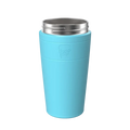 KeepCup Helix Stainless Steel Base in Cloud, a light blue 16oz reusable cup with silver stainless steel lid featuring a drinking slot, shown from a front angle against a white background.