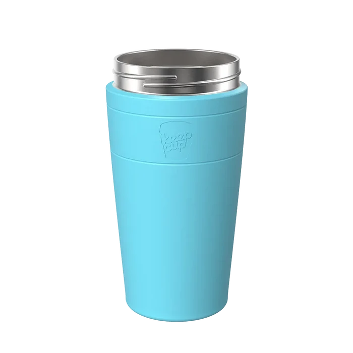 KeepCup Helix Stainless Steel Base in Cloud, a light blue 16oz reusable cup with silver stainless steel lid featuring a drinking slot, shown from a front angle against a white background.