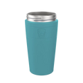 KeepCup Helix Stainless Steel Base in Eden, a teal reusable cup shown from a front angle with a silver stainless steel rim and embossed KeepCup logo on the band.