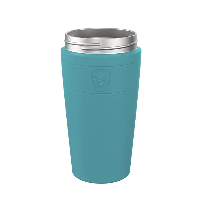 KeepCup Helix Stainless Steel Base in Eden, a teal reusable cup shown from a front angle with a silver stainless steel rim and embossed KeepCup logo on the band.